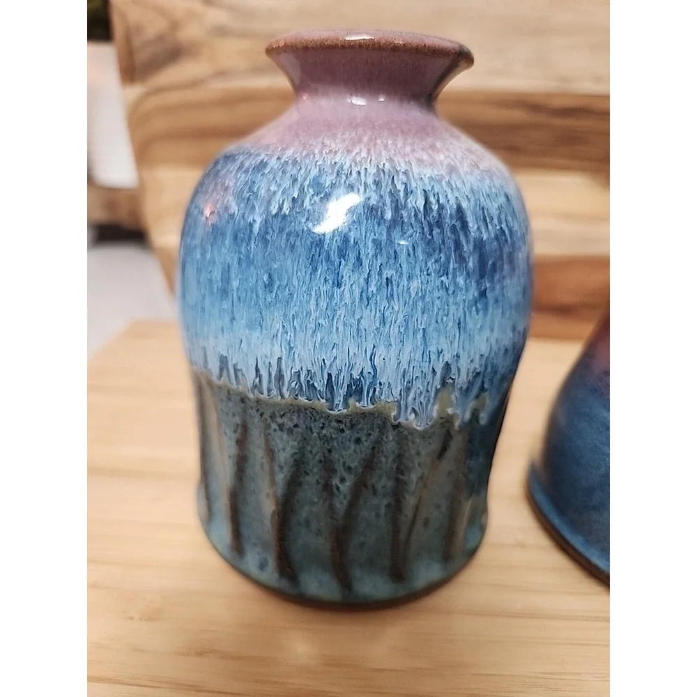 2 Vtg Stoneware Pottery Bud Vases Hand Turned Artist Signed Blue Drip Glaze 5